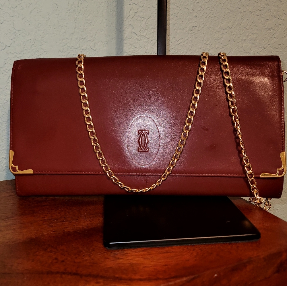 Cartier Paris Clutch Bag Organizer Medium Bordeaux Leather w/ Chain and insert